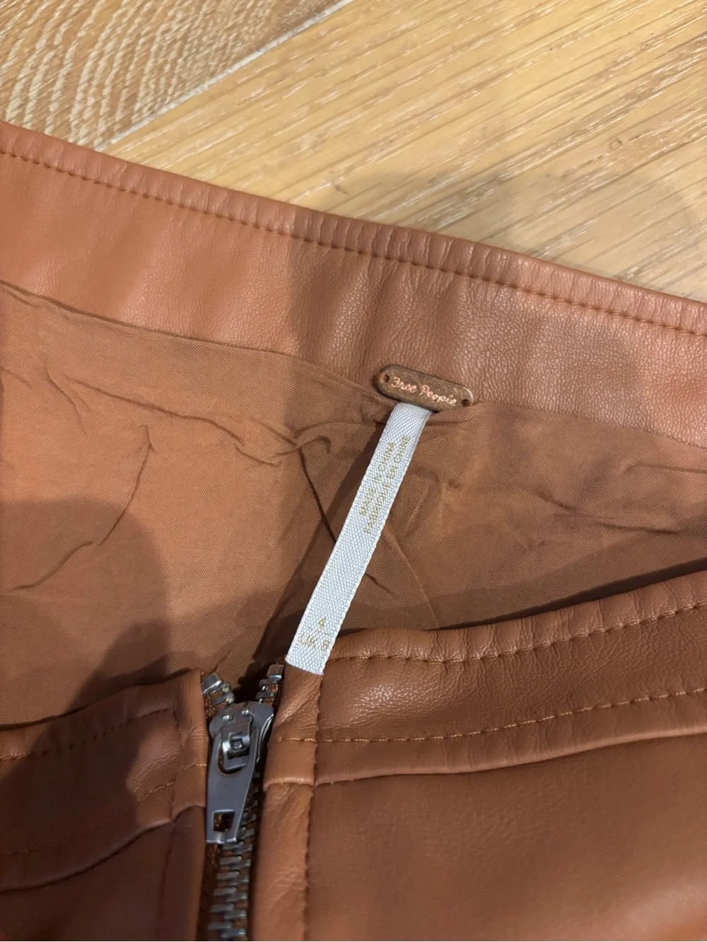 Free People Cognac Faux Leather Mini Skirt with Front Zip